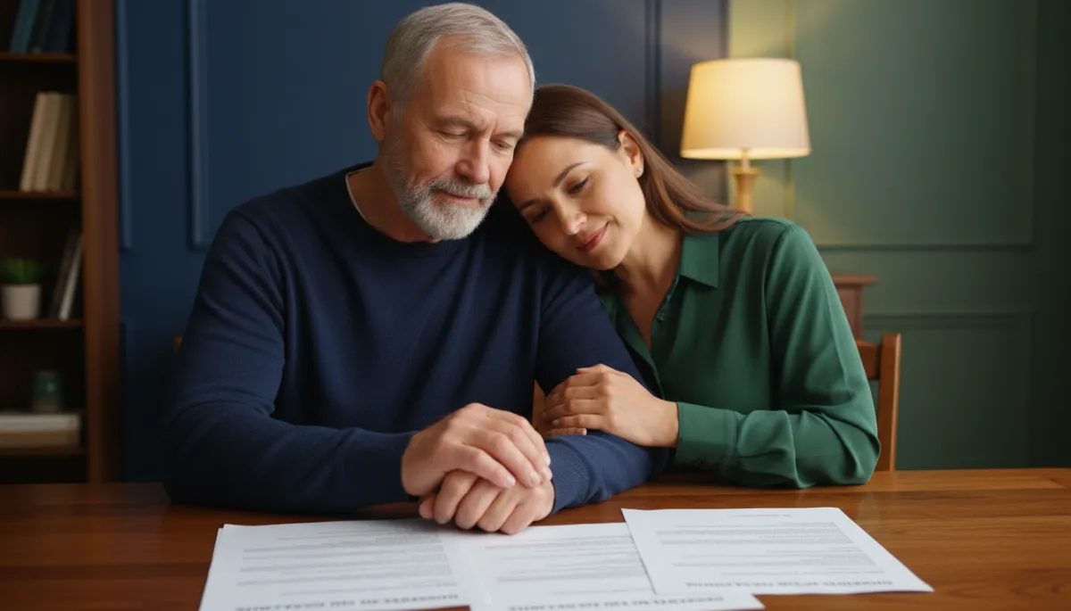 Veteran and spouse reviewing VA claims denial letters and medical records together