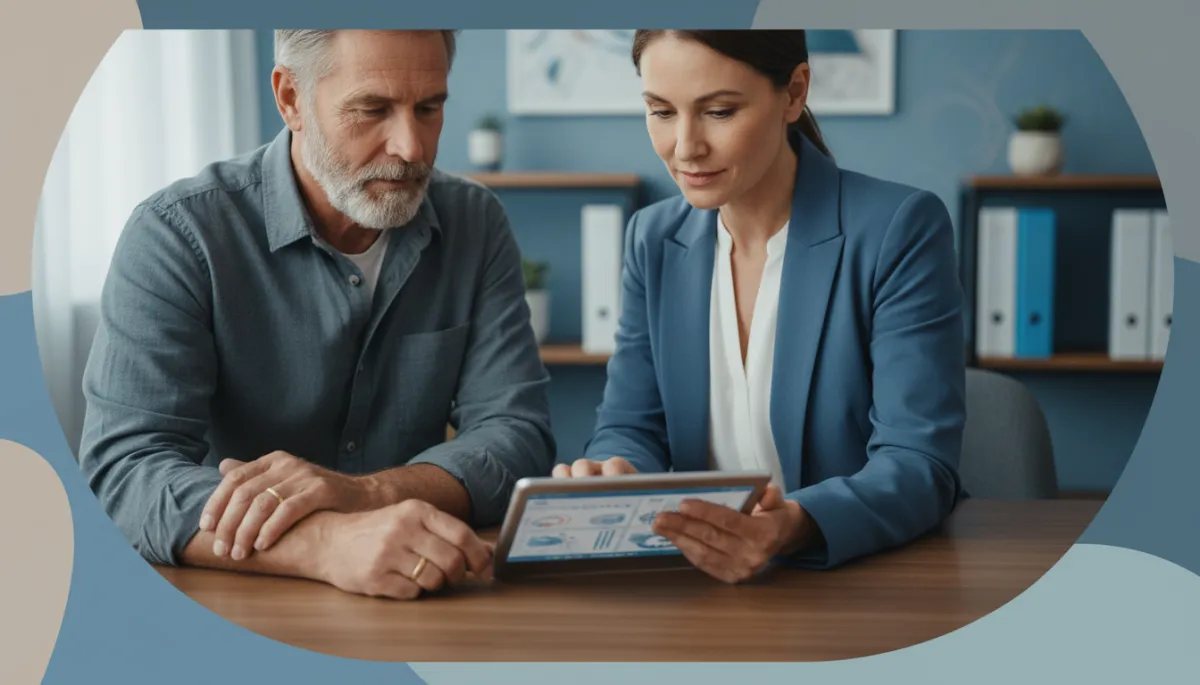 photorealistic close-up of a veteran meeting with a healthcare provider at a VA clinic, both reviewing medical records on a tablet, calm timeless blues and neutral tones, professional setting