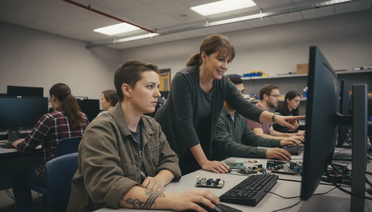 photorealistic timeless tones, diverse group of adult students including a veteran with short haircut and subtle military tattoo working at computers in a trade and technology classroom, instructor assisting one student, neutral color walls and soft overhead lighting