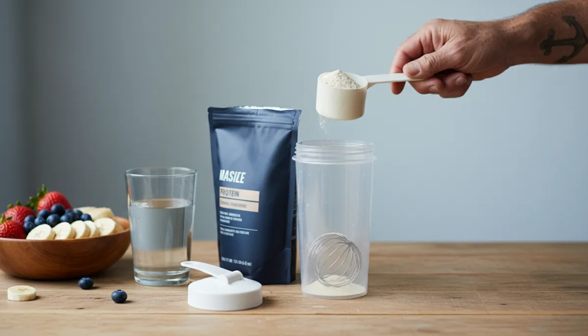 Veteran preparing a protein shake alongside fresh fruit as part of a balanced routine