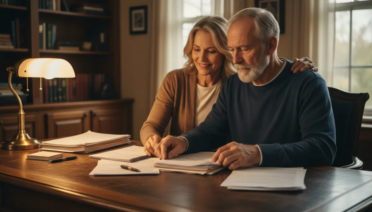 Veteran and spouse organizing evidence for a VA appeal at home