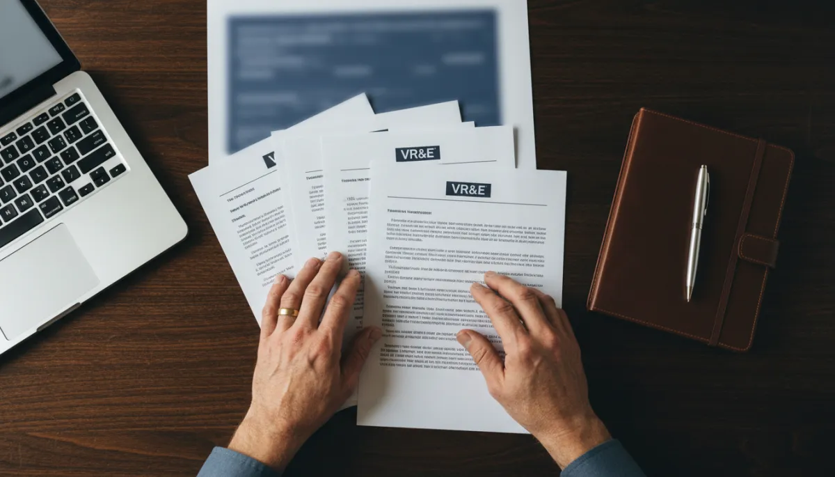 Veteran organizing VR&E documents and application materials on a desk