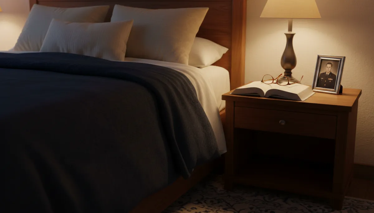 Calm veteran bedroom at night with soft lighting and personal items
