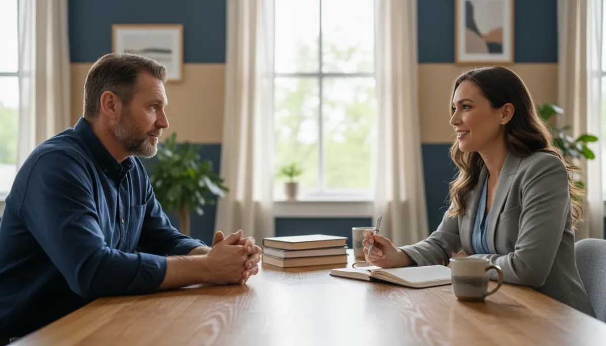 Veteran discussing mental health symptoms with a clinician in a private counseling session