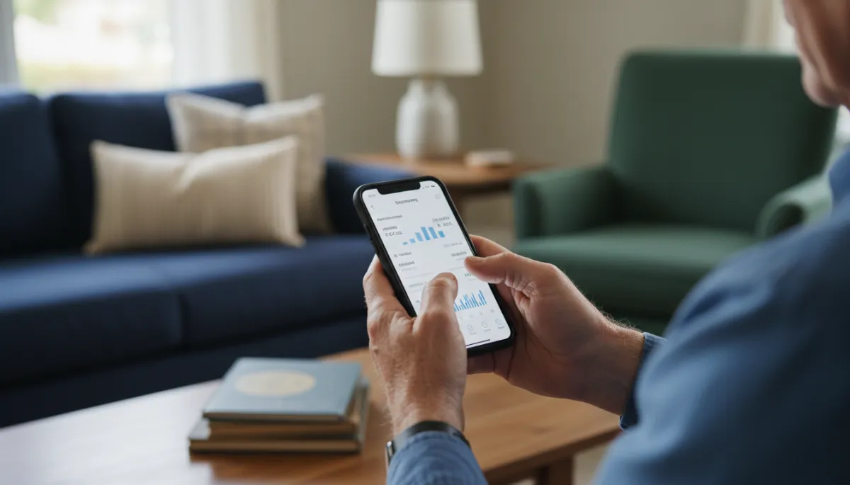 photographic realistic close-up of a veteran’s hands using a smartphone banking app, blurred background of a tidy living room in timeless tones of navy, beige, and forest green, soft natural light