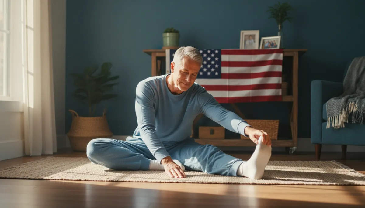 Veteran practicing gentle stretching in a calm living room setting