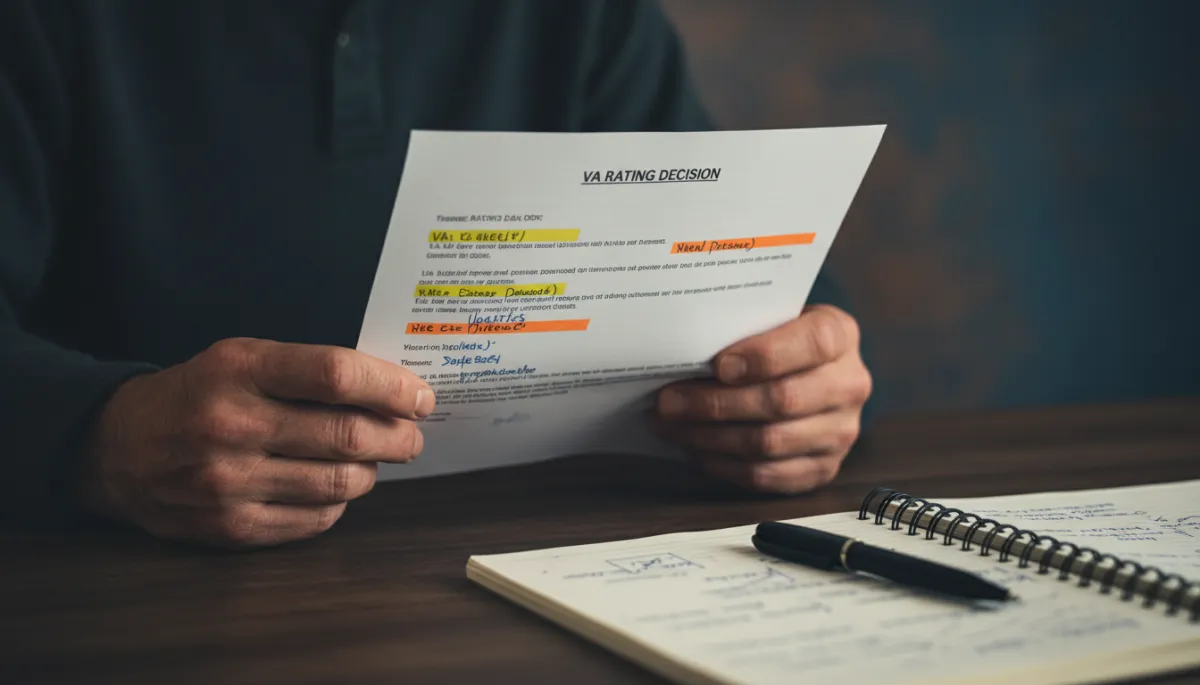 Veteran reviewing and marking up a VA disability rating decision letter