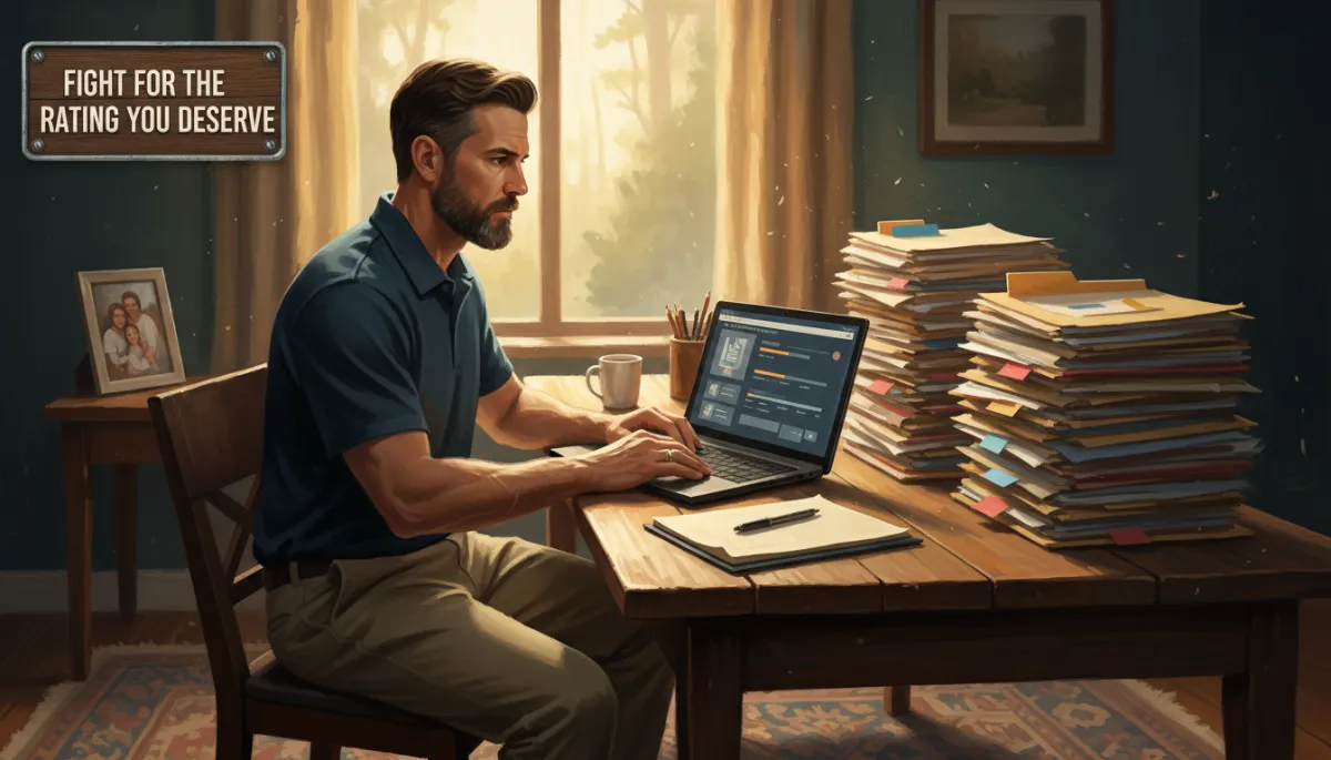 photorealistic scene of a determined veteran sitting at a wooden desk with neatly organized VA claim files, laptop open to a VA portal screen, warm natural light from a nearby window, muted navy and earth-tone color palette, TITLE:Fight for the Rating You Deserve