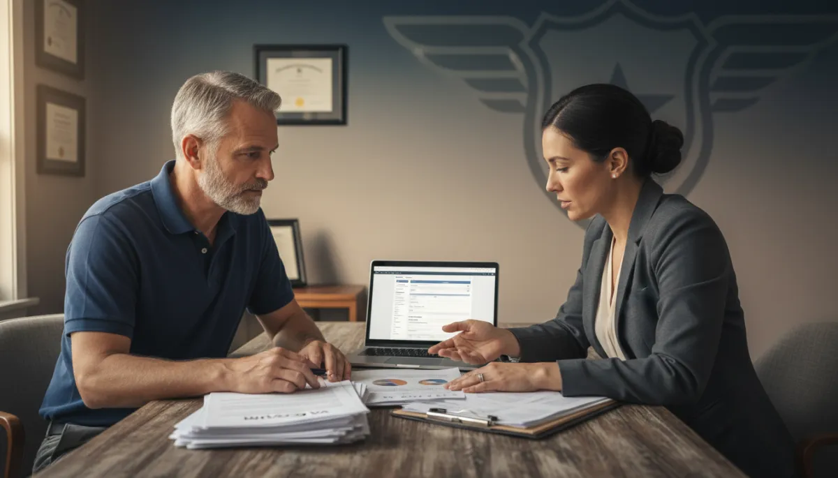 Veteran meeting with an accredited representative to review a VA appeal strategy in timeless tones