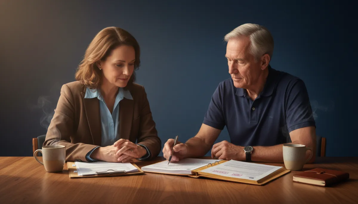 photographic realistic scene of a veteran meeting with a Veterans Service Organization representative at a wooden table, reviewing documents together, soft navy and brown timeless tones, calm and focused atmosphere
