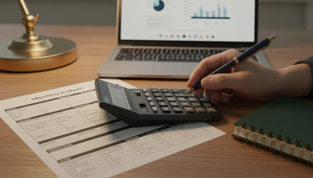 Hands calculating a transition budget with a calculator and printed sheet