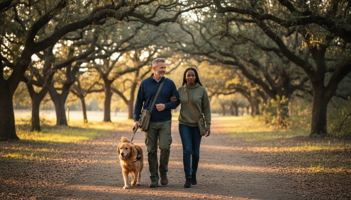 Two veterans walking together with a service dog along a peaceful path