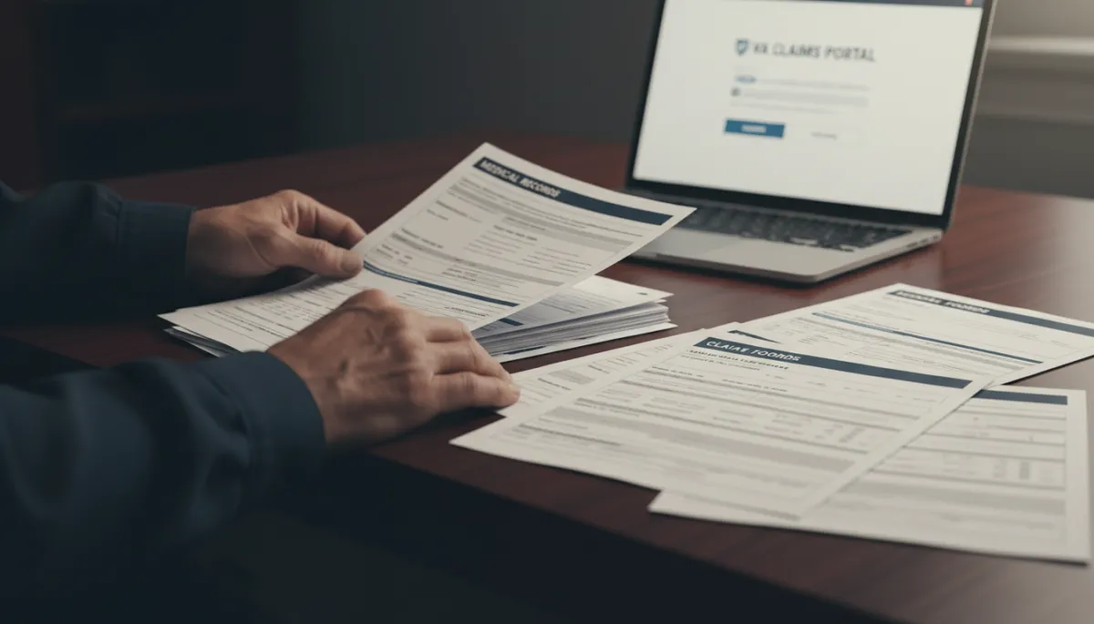 photorealistic close-up of a veteran’s hands organizing medical records, DD-214, and claim forms on a dark wooden desk, soft navy and beige tones, a laptop open to a VA claims portal in the background