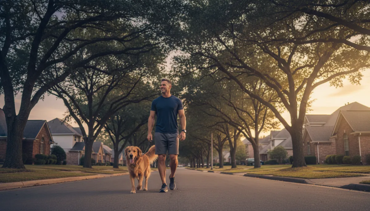 Veteran walking a dog at sunset in a calm neighborhood