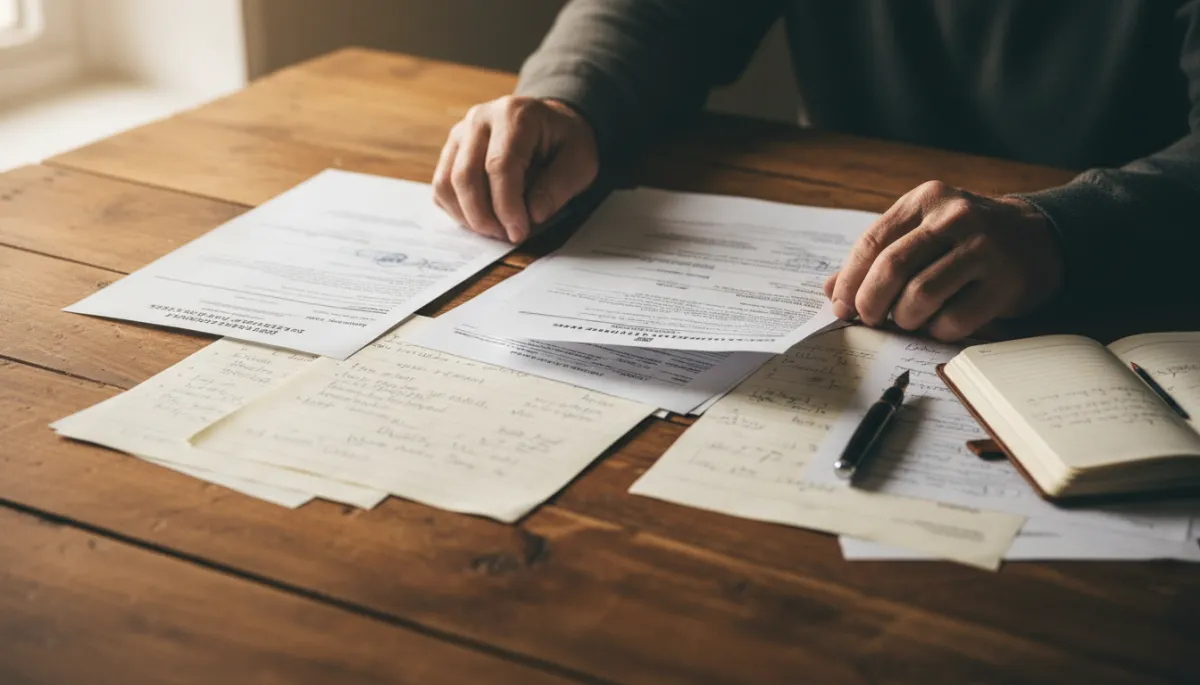 photorealistic close-up of a veteran’s hands spreading out medical records, service treatment files, and handwritten notes across a wooden table, a pen and notepad nearby, warm timeless tones with soft natural light