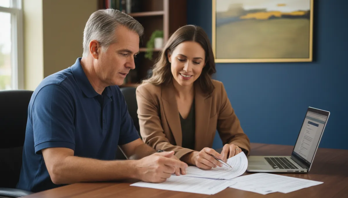 Photorealistic image of a veteran receiving assistance with VA disability claim paperwork