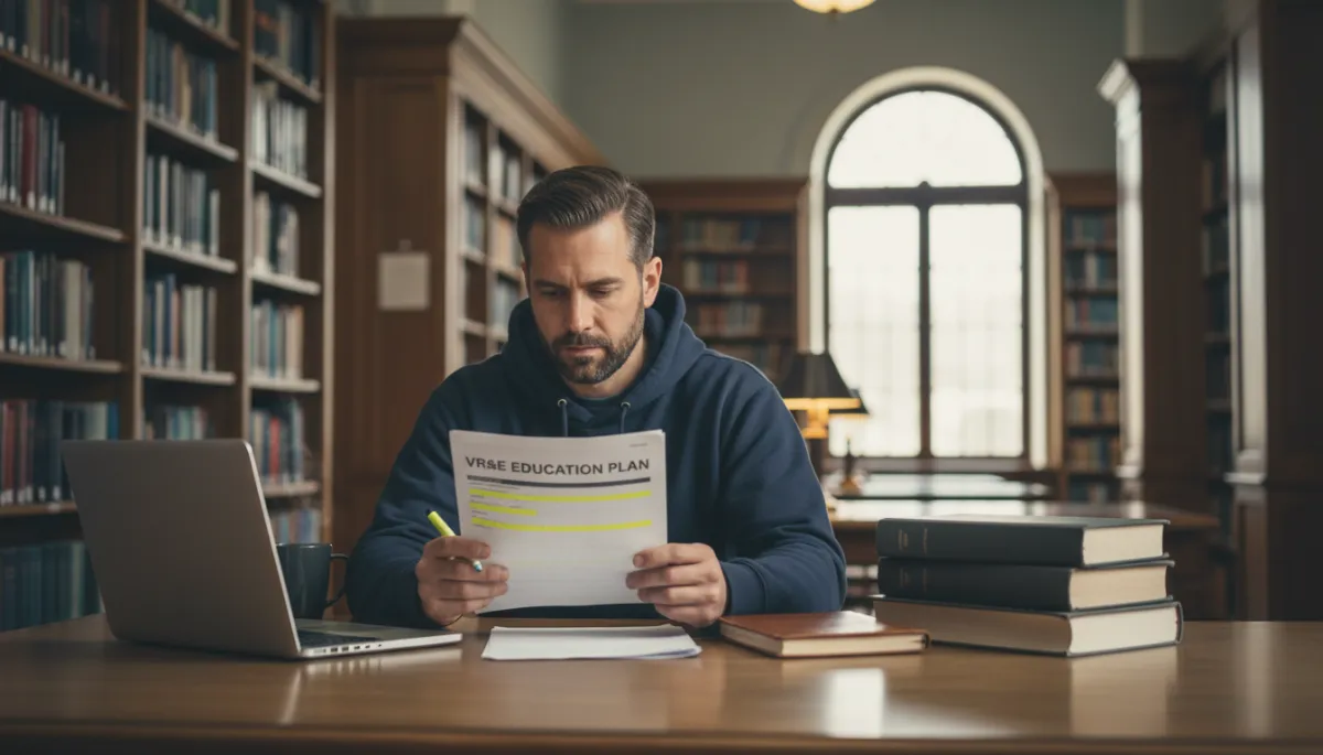 Veteran student reviewing a VR&E-approved education plan in a university library