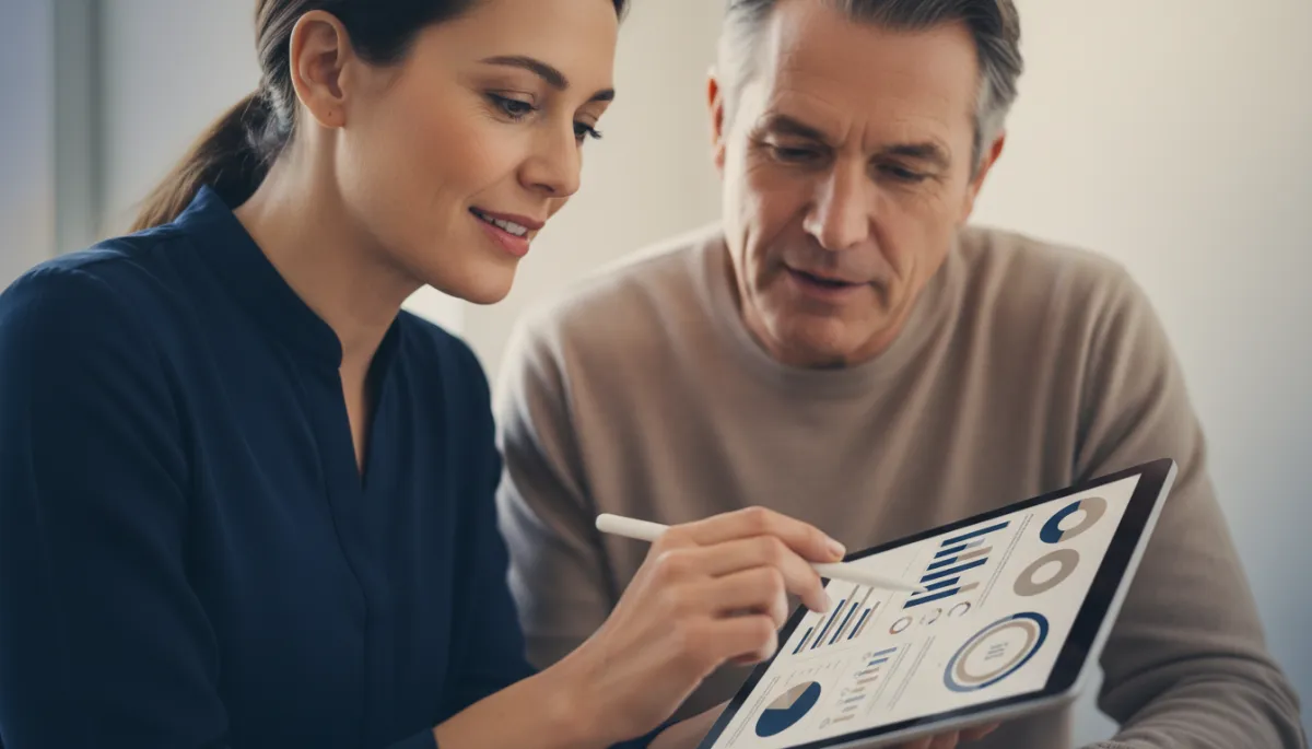Medical evaluator reviewing health assessment results with a patient on a tablet