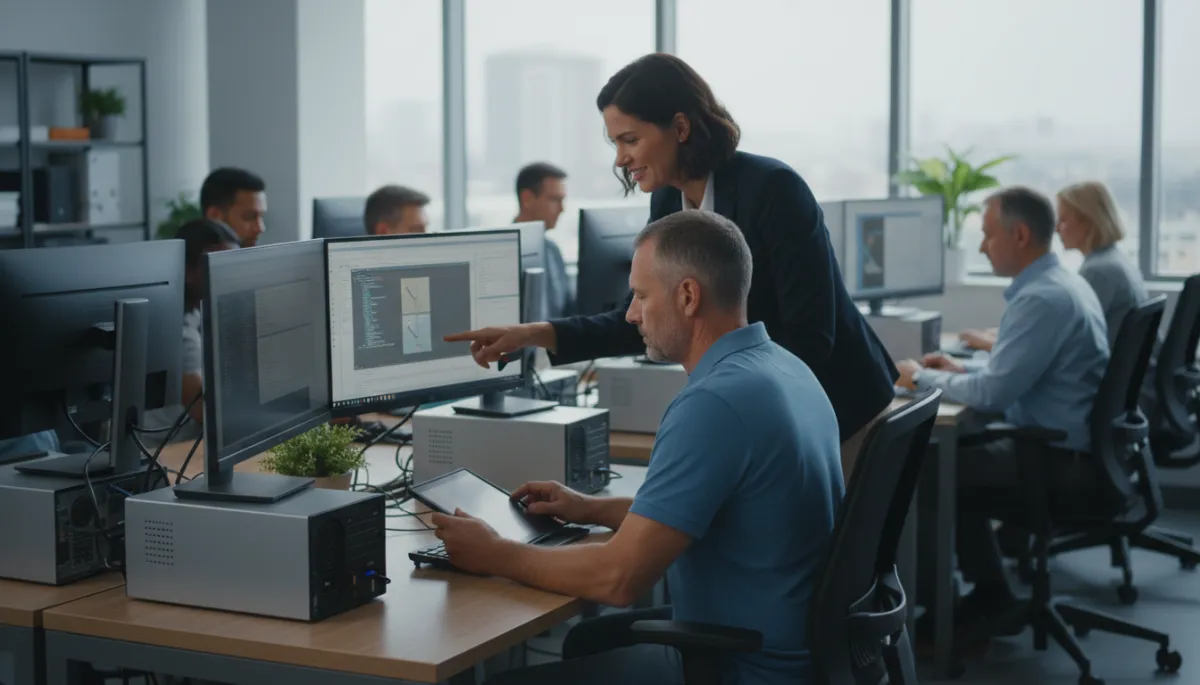 Veteran participating in computer-based vocational training with instructor support