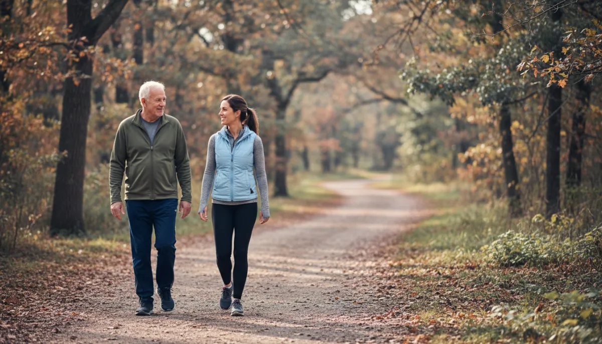 photographic realistic scene of an older veteran walking with a health coach on a tree-lined path, both in casual athletic wear, soft natural light and timeless tone muted colors, relaxed and encouraging mood