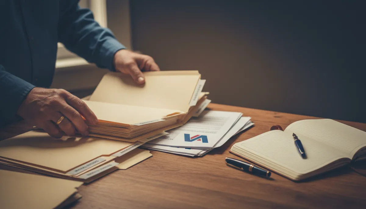 Veteran organizing VA claim documents and evidence in labeled folders