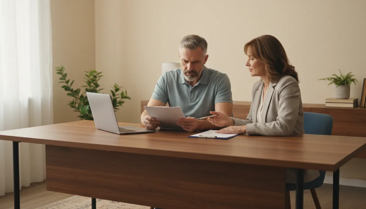 photographic realistic scene of a veteran meeting with a professional counselor at a desk, both reviewing documents on a clipboard and laptop, calm office setting with timeless tones and soft natural light
