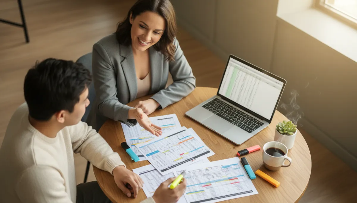 Individual discussing a budget with a financial coach at a small table
