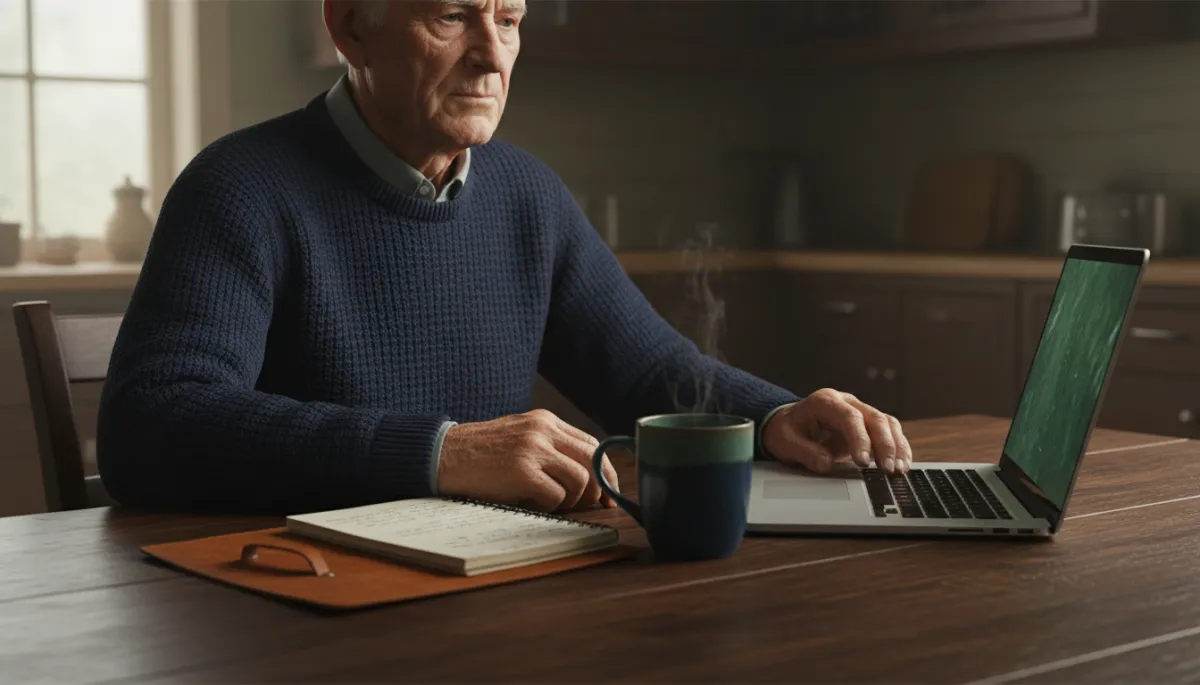 Veteran planning goals at a kitchen table with notebook and laptop