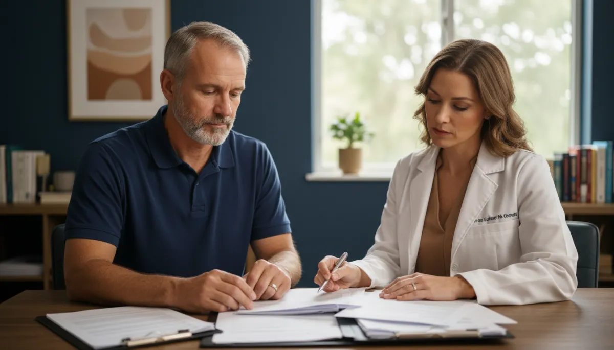 Veteran discussing symptoms with a VA medical examiner