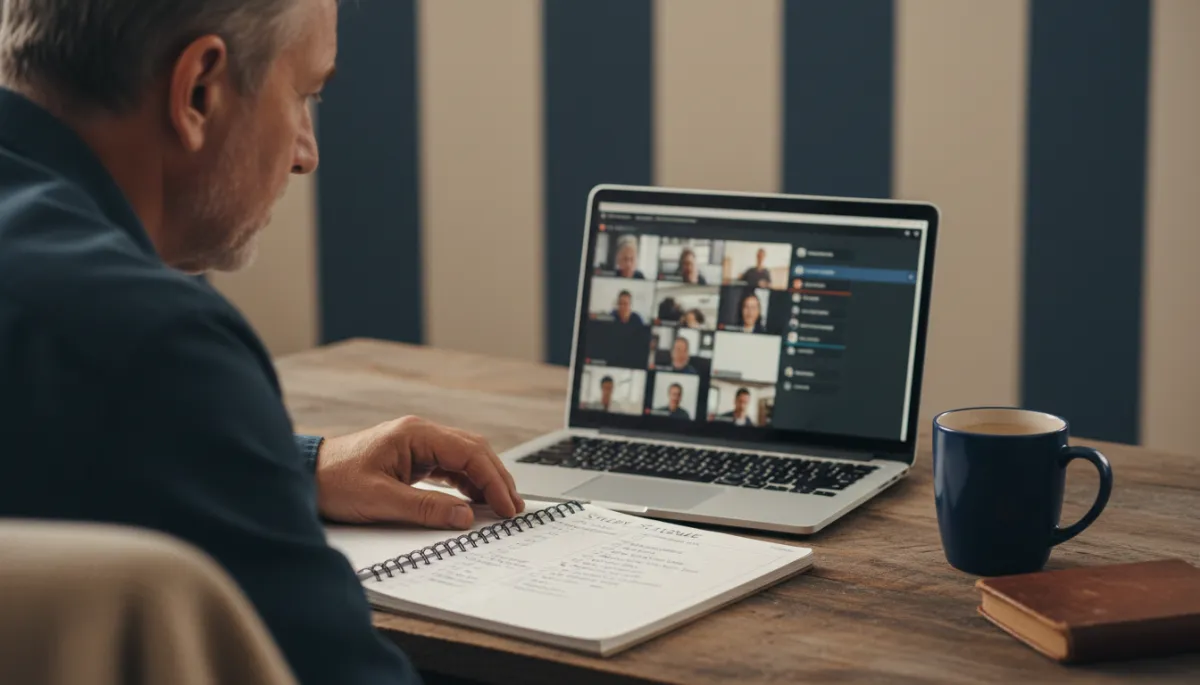 photorealistic close-up of a veteran at a wooden desk at home, laptop open to an online class interface, notebook with a written study schedule, coffee mug nearby, timeless muted navy and beige tones
