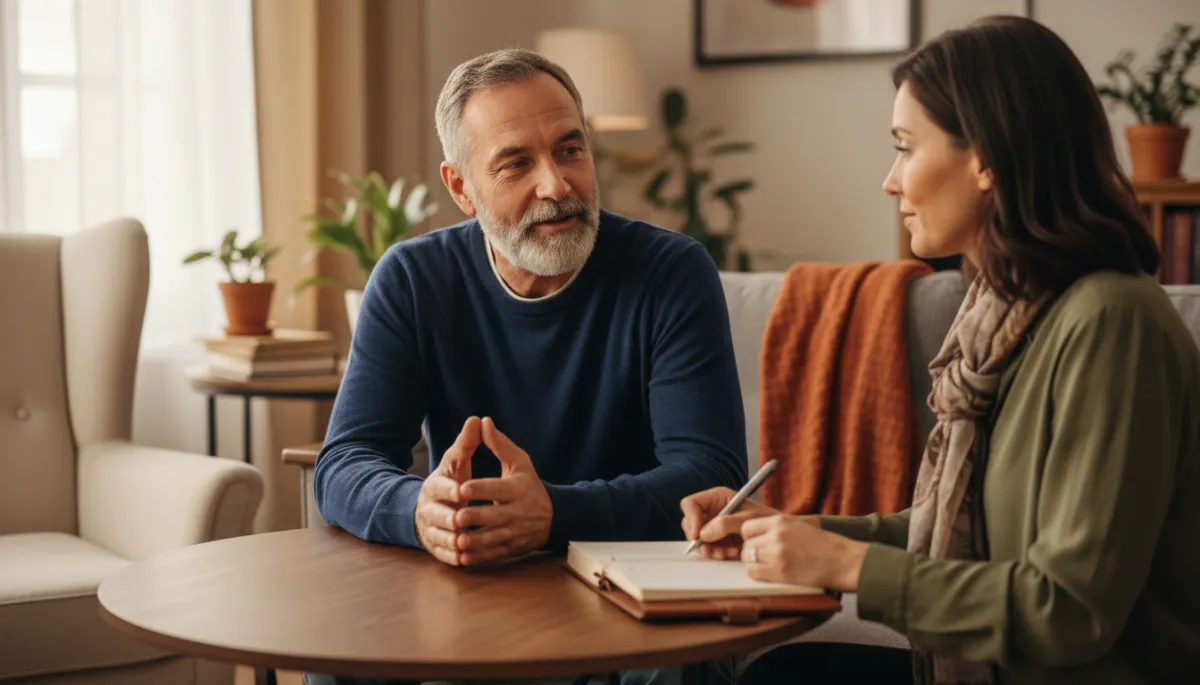 photorealistic close-up of a veteran sitting at a small table in a cozy living room, talking with a therapist who is taking notes, warm navy and earth-tone colors, soft window light, both people appear calm and engaged