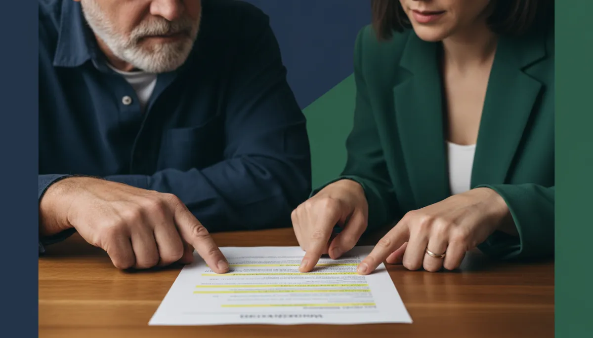 photographic realistic close-up of a veteran and accredited representative reviewing a printed medical nexus letter at a table, both pointing to highlighted text, warm neutral lighting with navy and forest green accents photographic realistic close-up of a veteran and accredited representative reviewing a printed medical nexus letter at a table, both pointing to highlighted text, warm neutral lighting with navy and forest green accents
