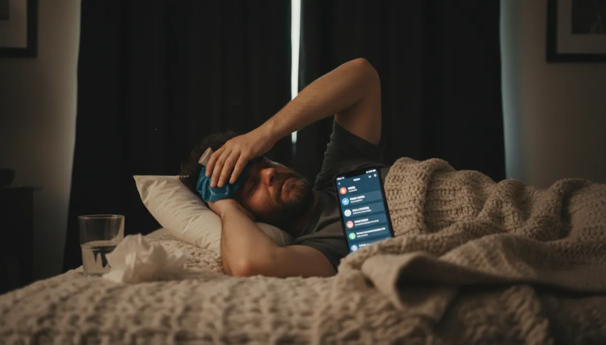 Veteran resting in a dark room during a severe migraine attack Veteran resting in a dark room during a severe migraine attack