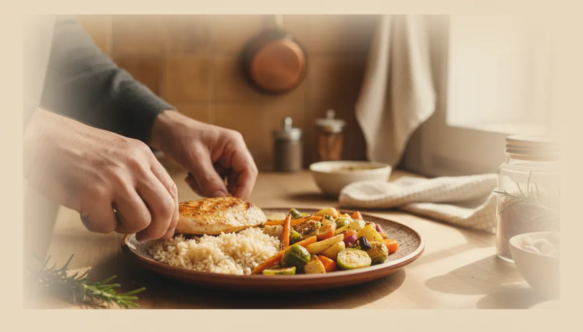 Veteran preparing a balanced plate with lean protein, vegetables, and whole grains