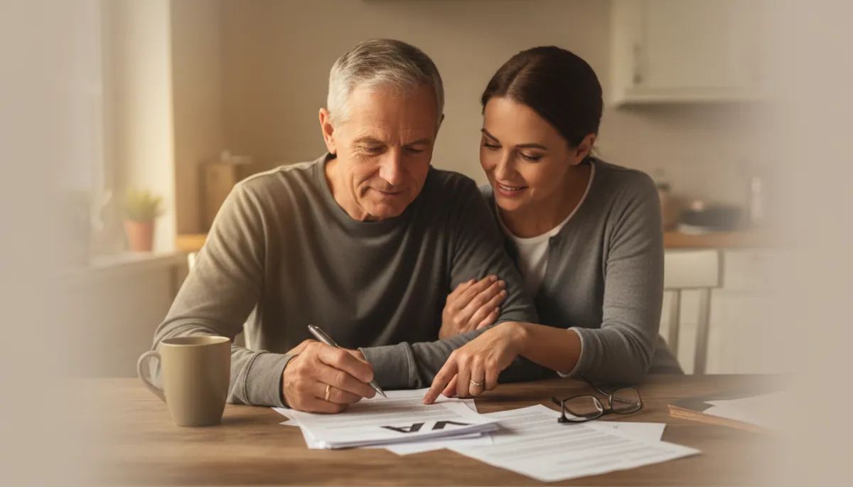 Veteran and spouse completing VA disability claim forms together at their kitchen table Veteran and spouse completing VA disability claim forms together at their kitchen table