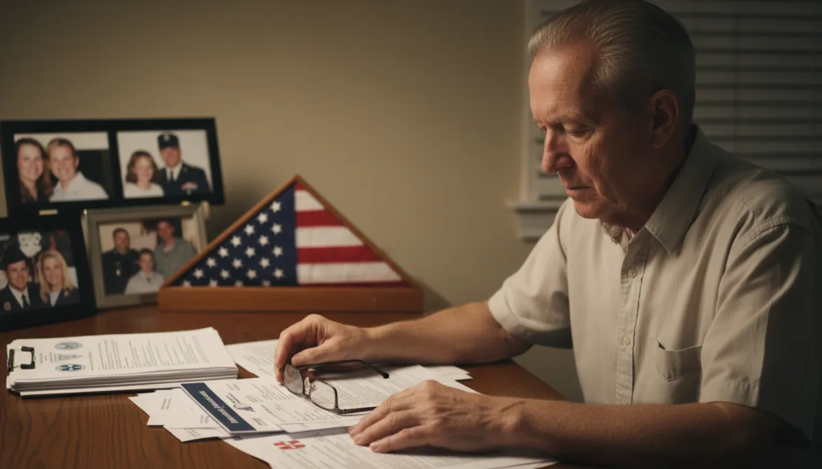 photorealistic scene of a veteran at a wooden desk reviewing medical records and service documents in warm neutral lighting, soft focus background of family photos and folded flag, TITLE:Your Paperwork Is Your Power photorealistic scene of a veteran at a wooden desk reviewing medical records and service documents in warm neutral lighting, soft focus background of family photos and folded flag, TITLE:Your Paperwork Is Your Power