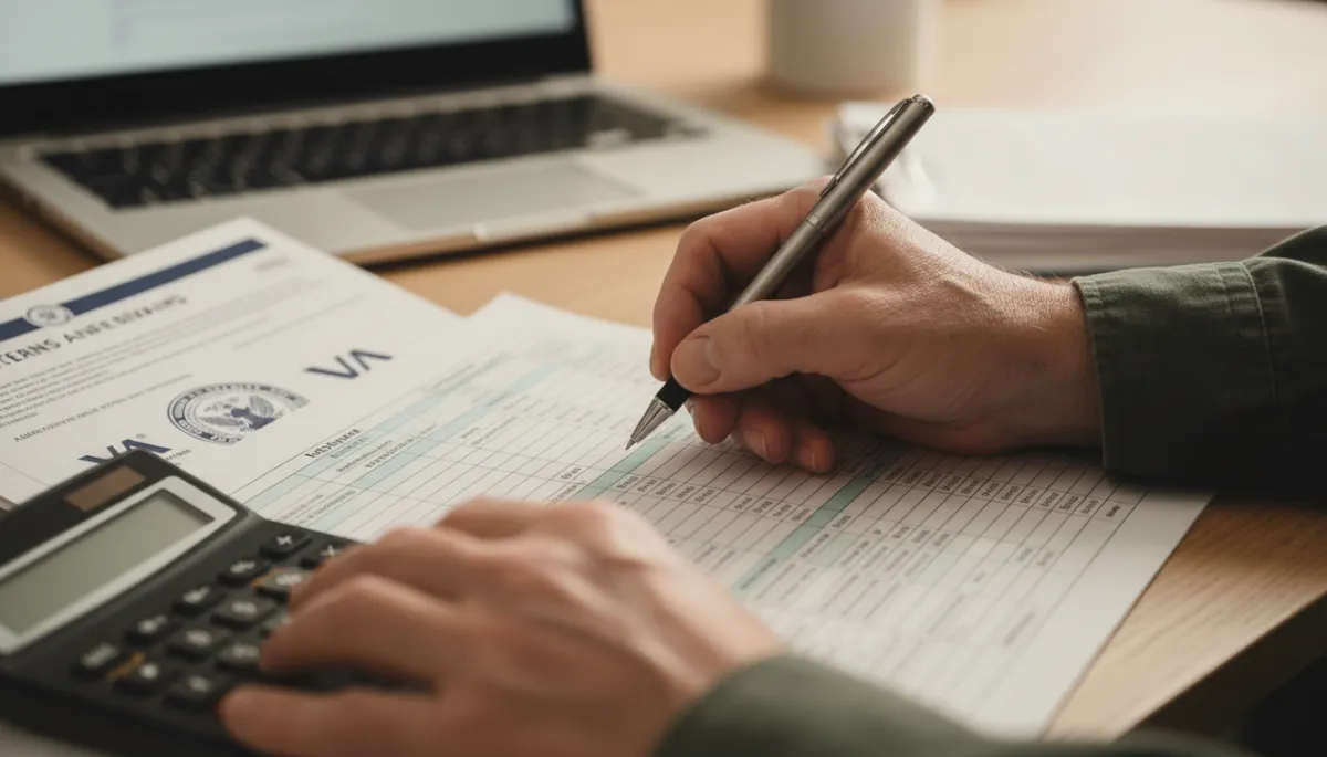 Veteran using a calculator and worksheet to organize a monthly budget in warm neutral tones Veteran using a calculator and worksheet to organize a monthly budget in warm neutral tones