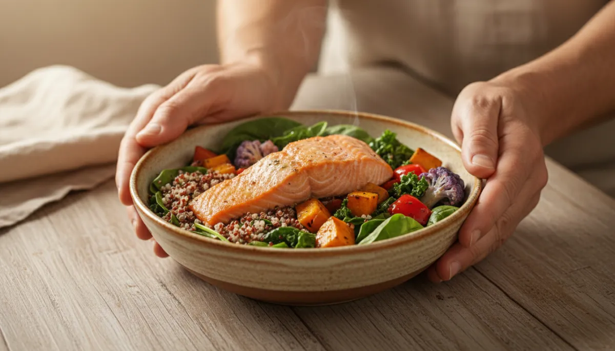 Photorealistic close-up of a veteran holding a warm bowl of anti-inflammatory food Photorealistic close-up of a veteran holding a warm bowl of anti-inflammatory food