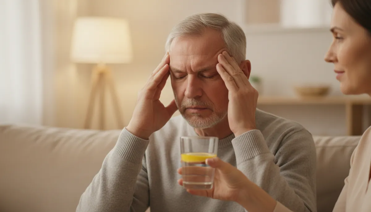 photorealistic warm neutral close-up of a veteran rubbing his temples from a headache while seated on a soft beige sofa, a caregiver or partner offering a glass of water beside him, gentle indoor lighting creating a calm supportive atmosphere photorealistic warm neutral close-up of a veteran rubbing his temples from a headache while seated on a soft beige sofa, a caregiver or partner offering a glass of water beside him, gentle indoor lighting creating a calm supportive atmosphere