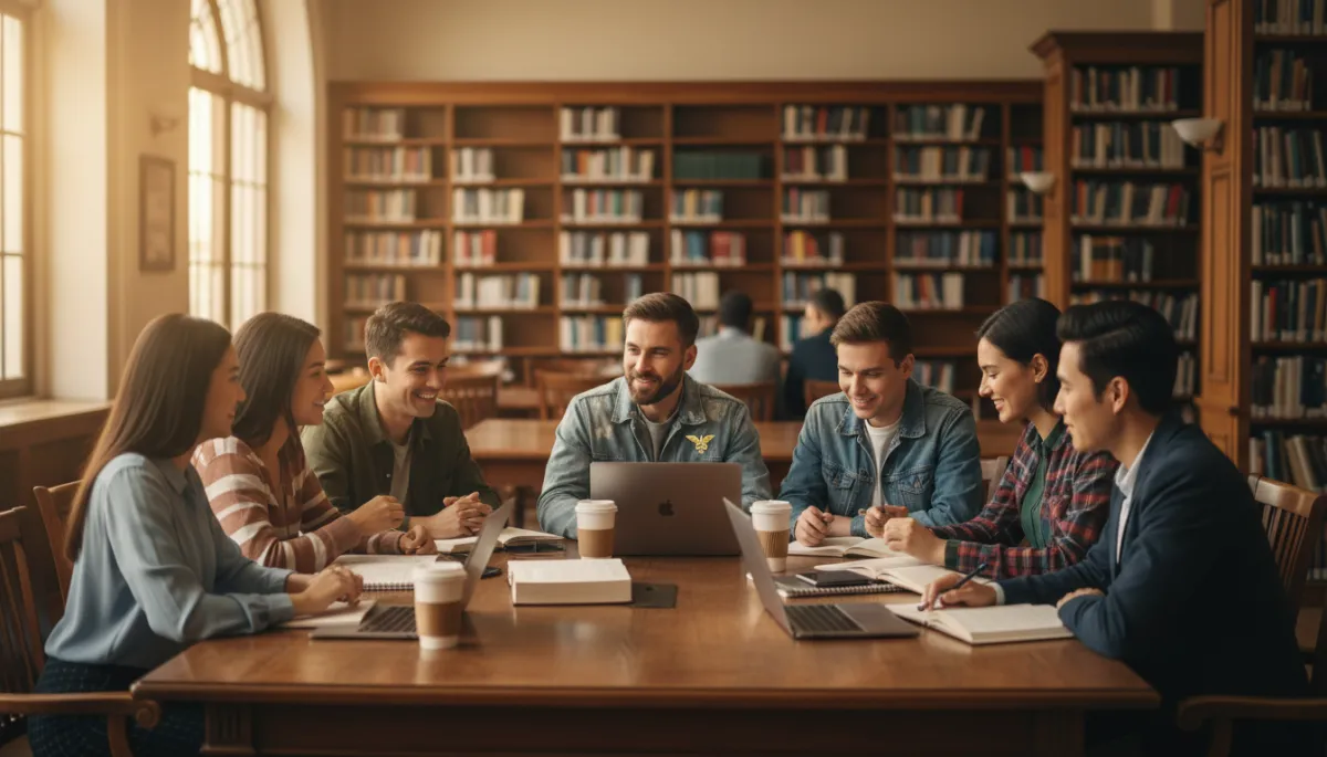 Veteran and fellow graduate students studying together in a warm neutral university library setting