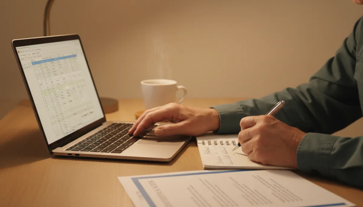 Veteran using a laptop and notepad to organize a monthly budget