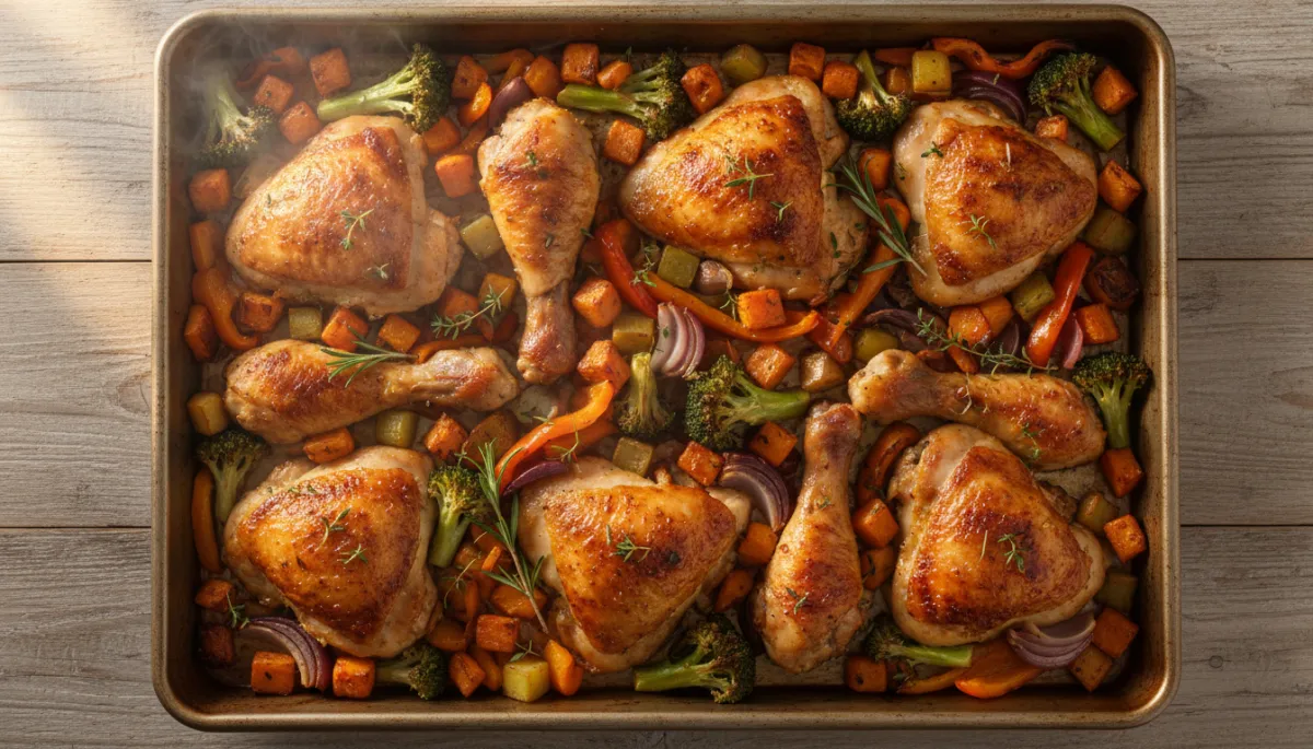 Sheet pan meal of roasted chicken and vegetables in a cozy kitchen setting Sheet pan meal of roasted chicken and vegetables in a cozy kitchen setting