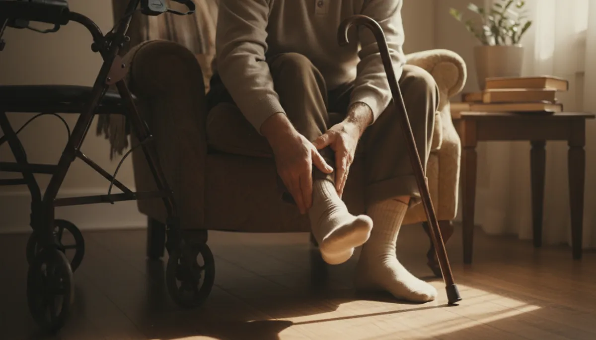 Veteran massaging a numb foot with a cane resting nearby in a warm neutral-toned room Veteran massaging a numb foot with a cane resting nearby in a warm neutral-toned room