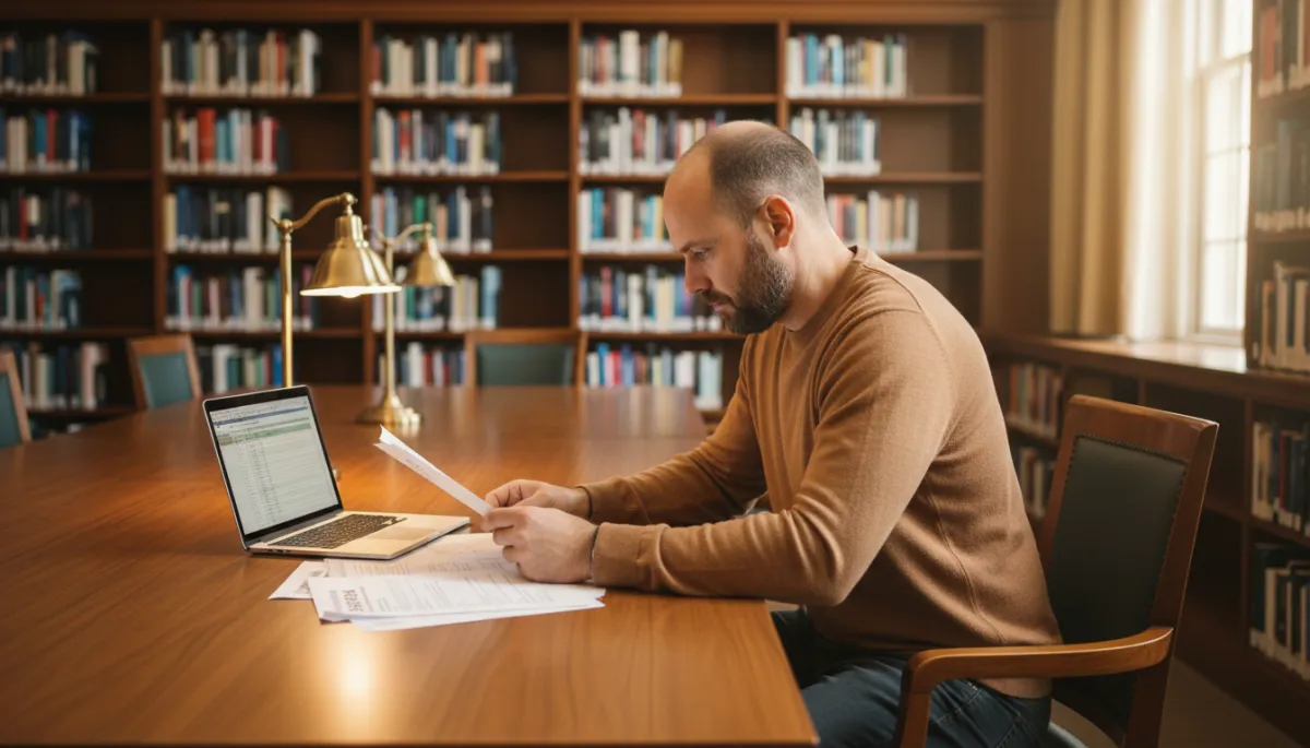 Veteran reviewing VR&E funding and graduate school financing documents in a library Veteran reviewing VR&E funding and graduate school financing documents in a library