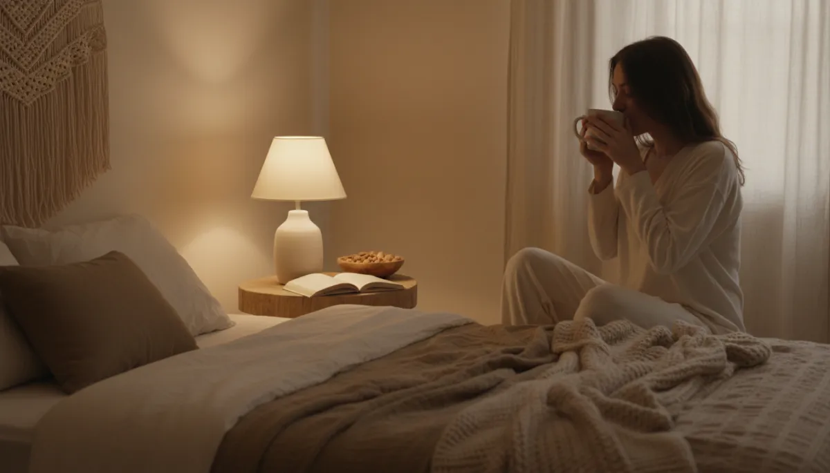 Person winding down in a cozy bedroom with calming evening snack and tea Person winding down in a cozy bedroom with calming evening snack and tea