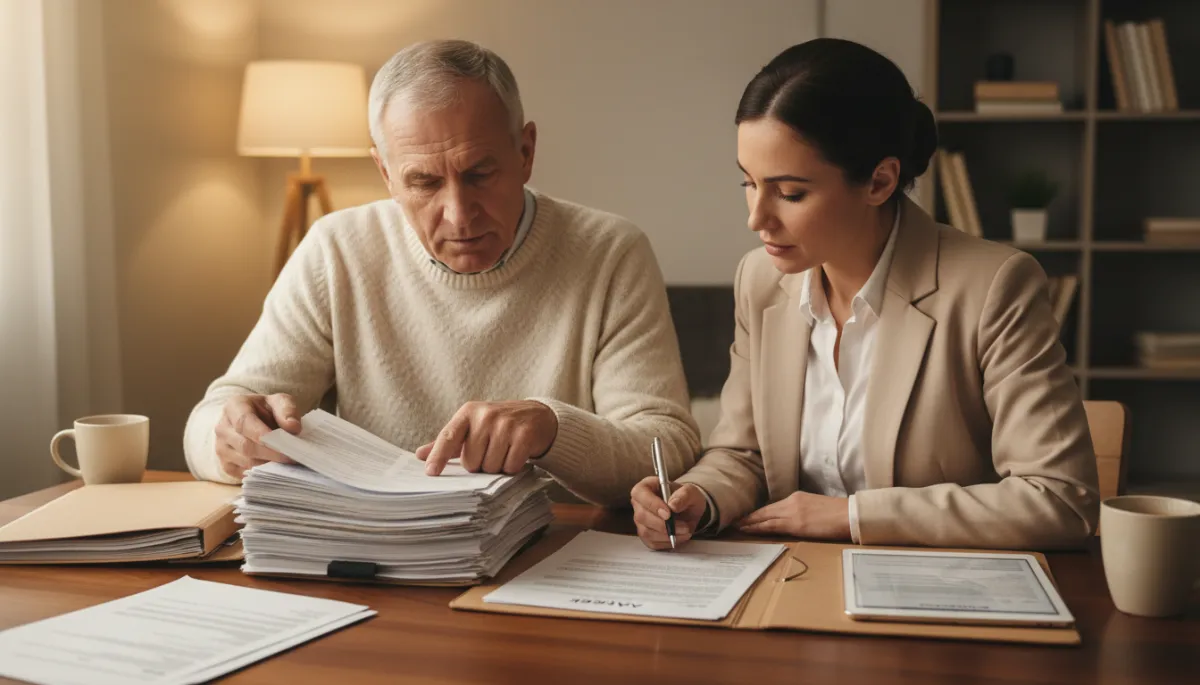 Veteran working with representative to prepare VA appeal paperwork in warm neutral tones Veteran working with representative to prepare VA appeal paperwork in warm neutral tones