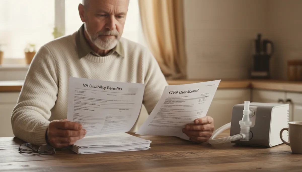 Veteran reviewing VA paperwork next to a CPAP machine on a kitchen table Veteran reviewing VA paperwork next to a CPAP machine on a kitchen table