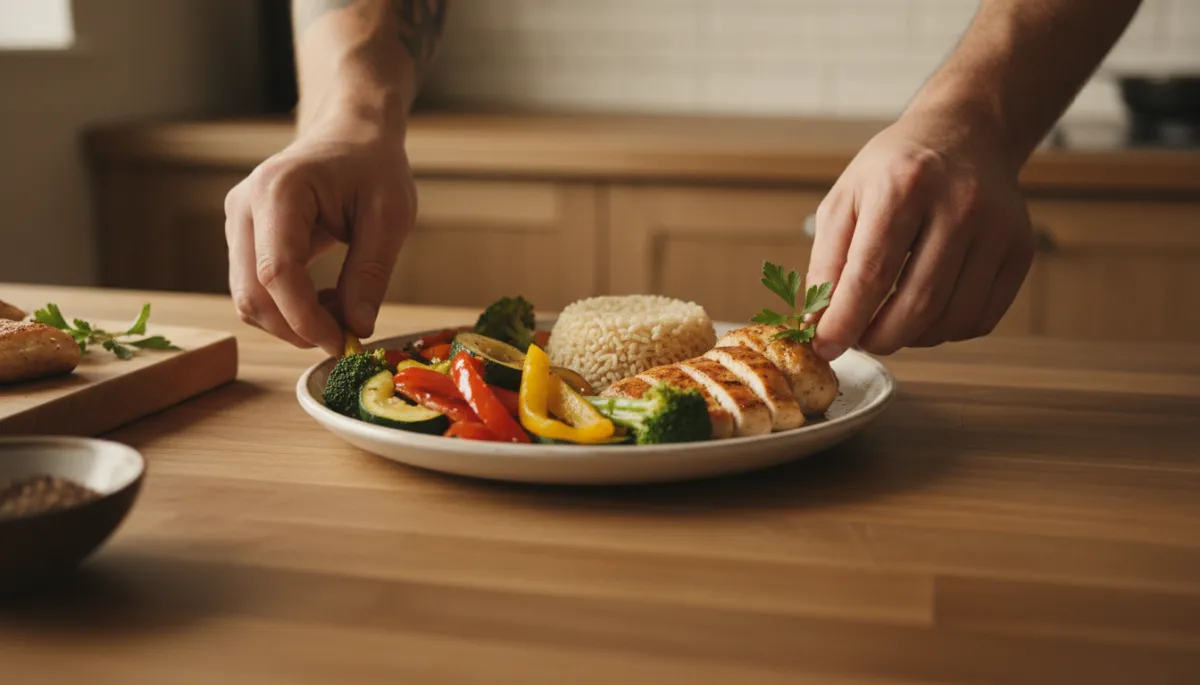 Veteran preparing a balanced plate with lean protein and vegetables