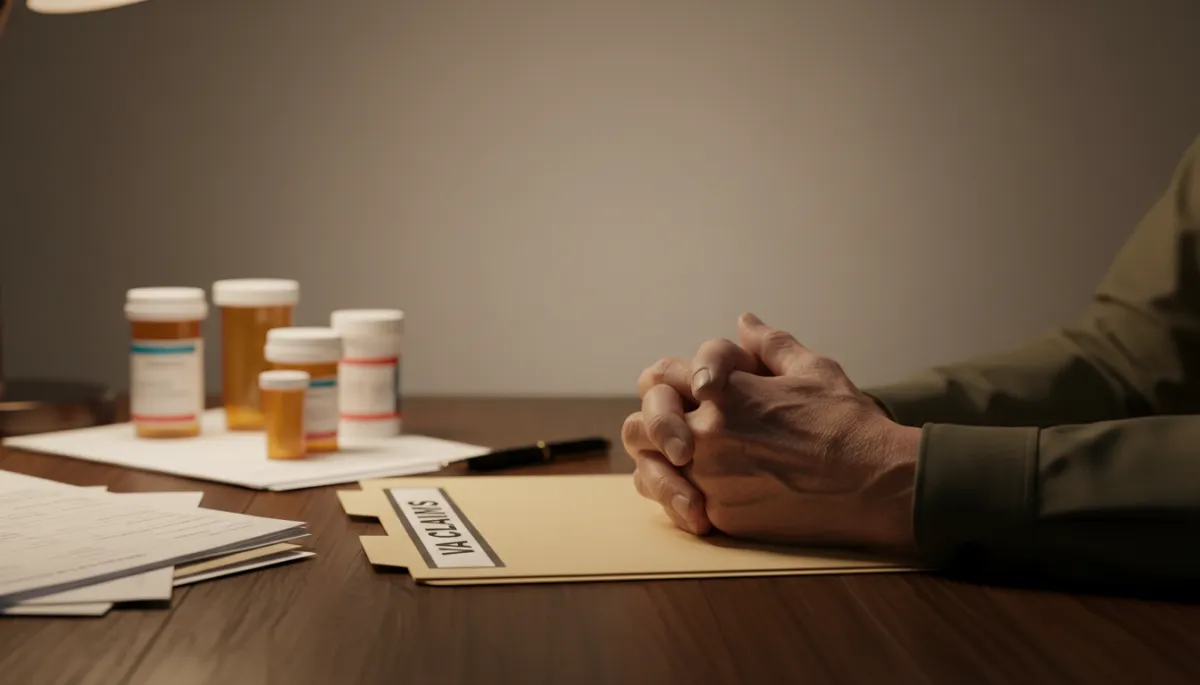 Veteran holding VA claims folder surrounded by medical records and prescriptions