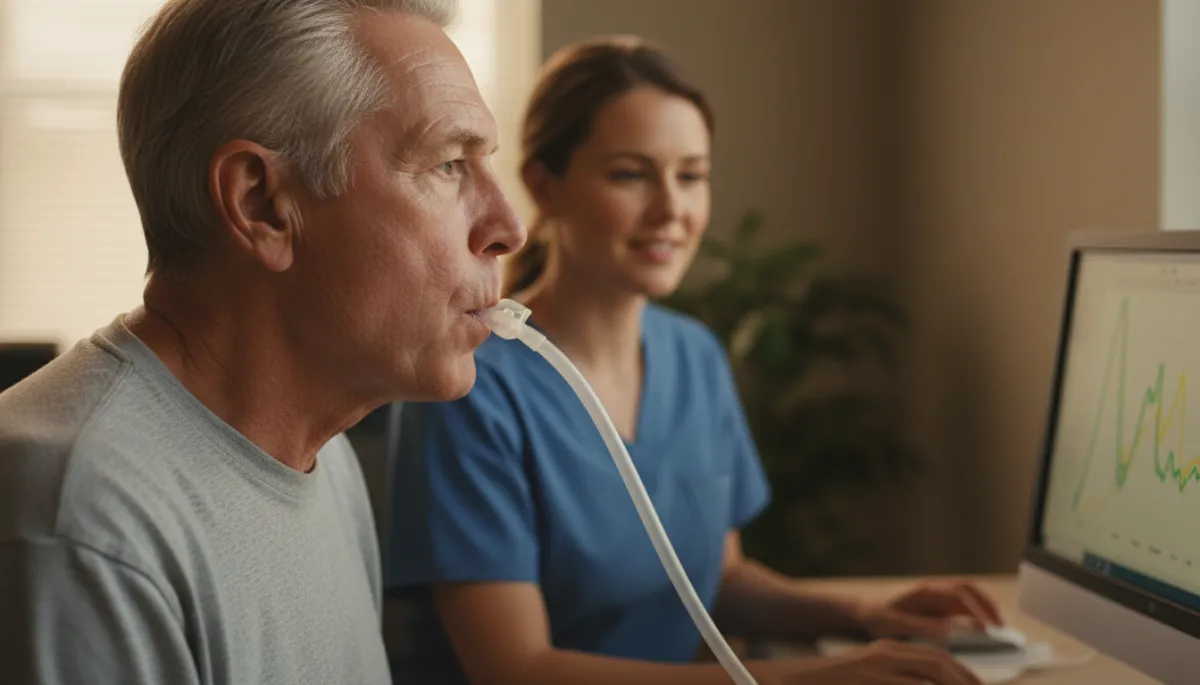 Veteran completing a spirometry pulmonary function test under supervision